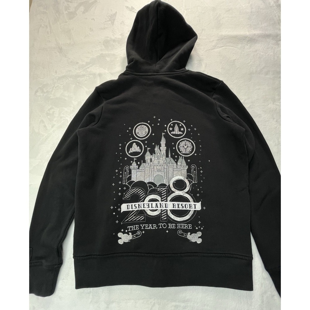 Disneyland Resort Disney Parks 2018 Womens M Zip‎ Up Hoodie Black Silver Fleece